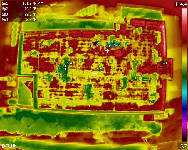 infrared camera image of the roof above, once the sun has set and the membrane has begun to cool